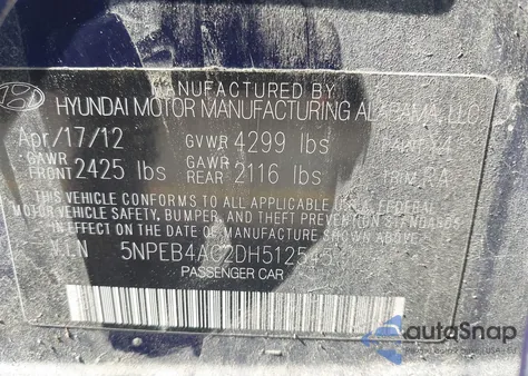 2013 Hyundai Sonata Gls z USA, uszkodzony, nr VIN 5NPEB4AC2DH512545